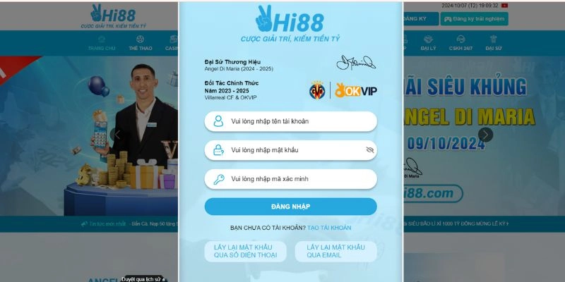 Biểu mẫu đăng nhập Hi88 chi tiết